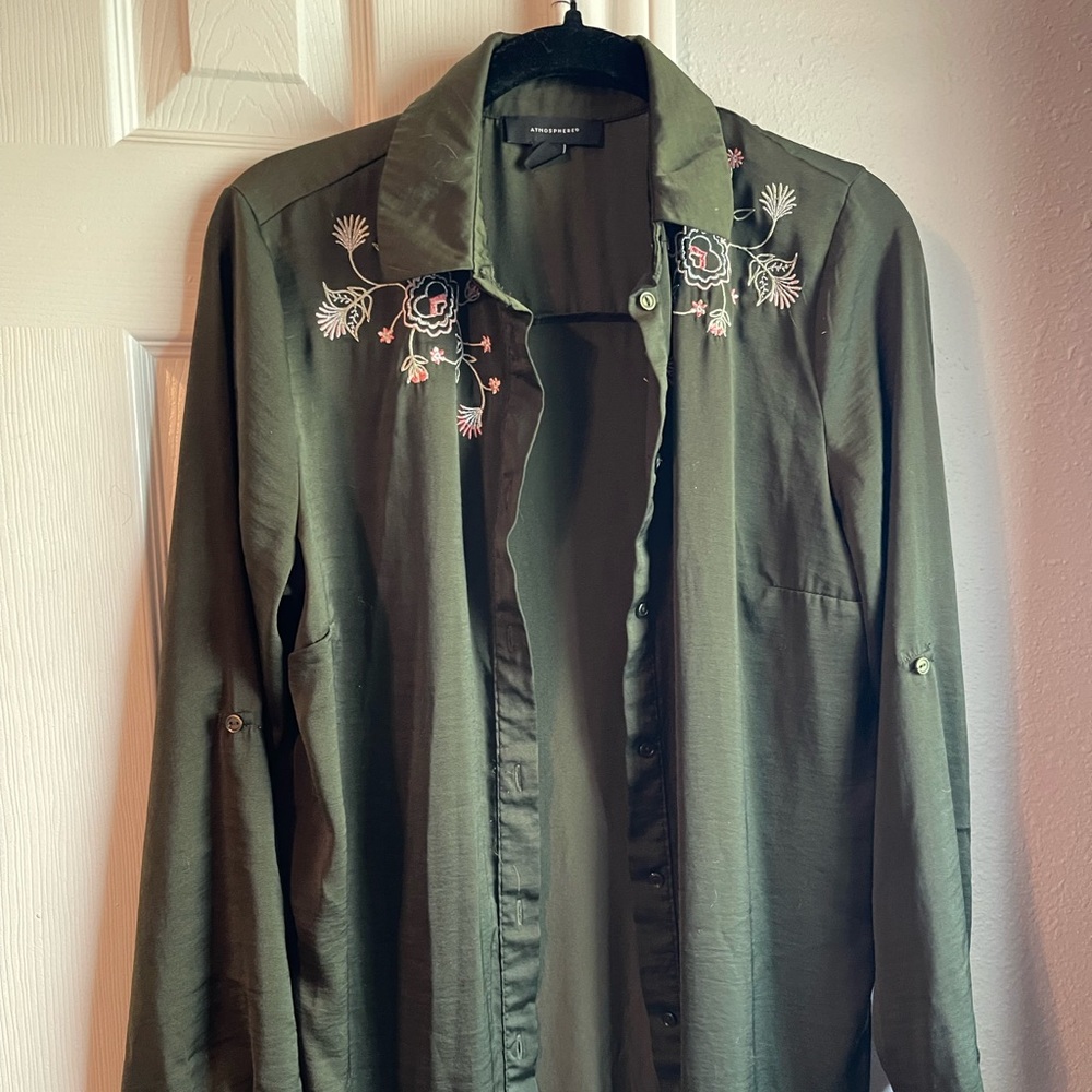 Green silk duster with flower embellishment